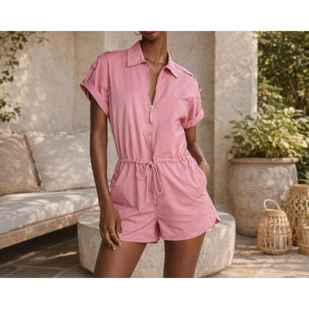 PISTOLA "Meg" Zip- Front Utility Romper Size S Flamingo Pink  Barbiecore